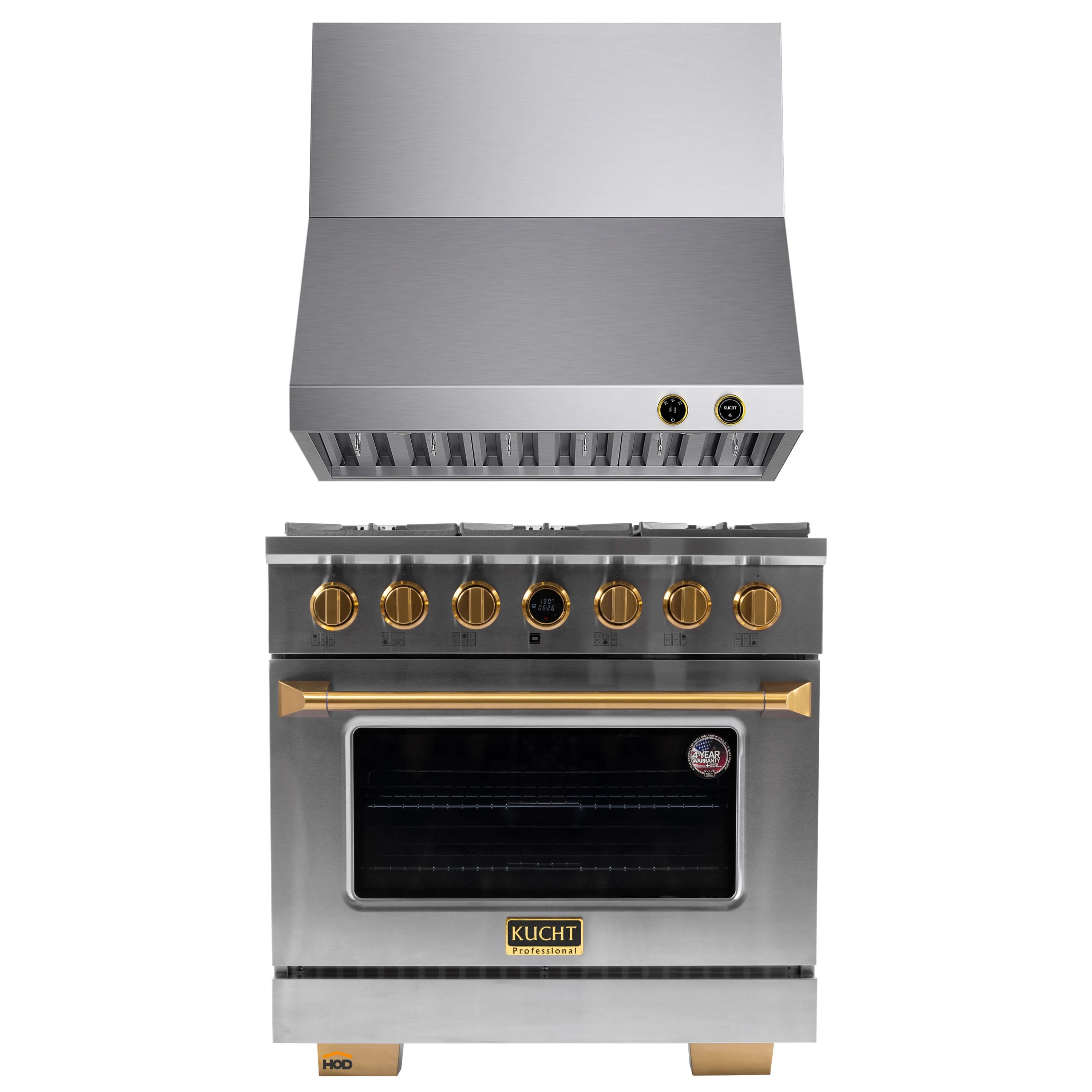 Stainless steel 36-inch propane gas range with gold-accent control knobs and oven door window
