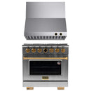 Kucht 2-Piece Appliance Package - 36-Inch Propane Gas Range with 5.2 Cu. Ft. Oven & Wall Mount Range Hood in Stainless Steel with Gold Accents
