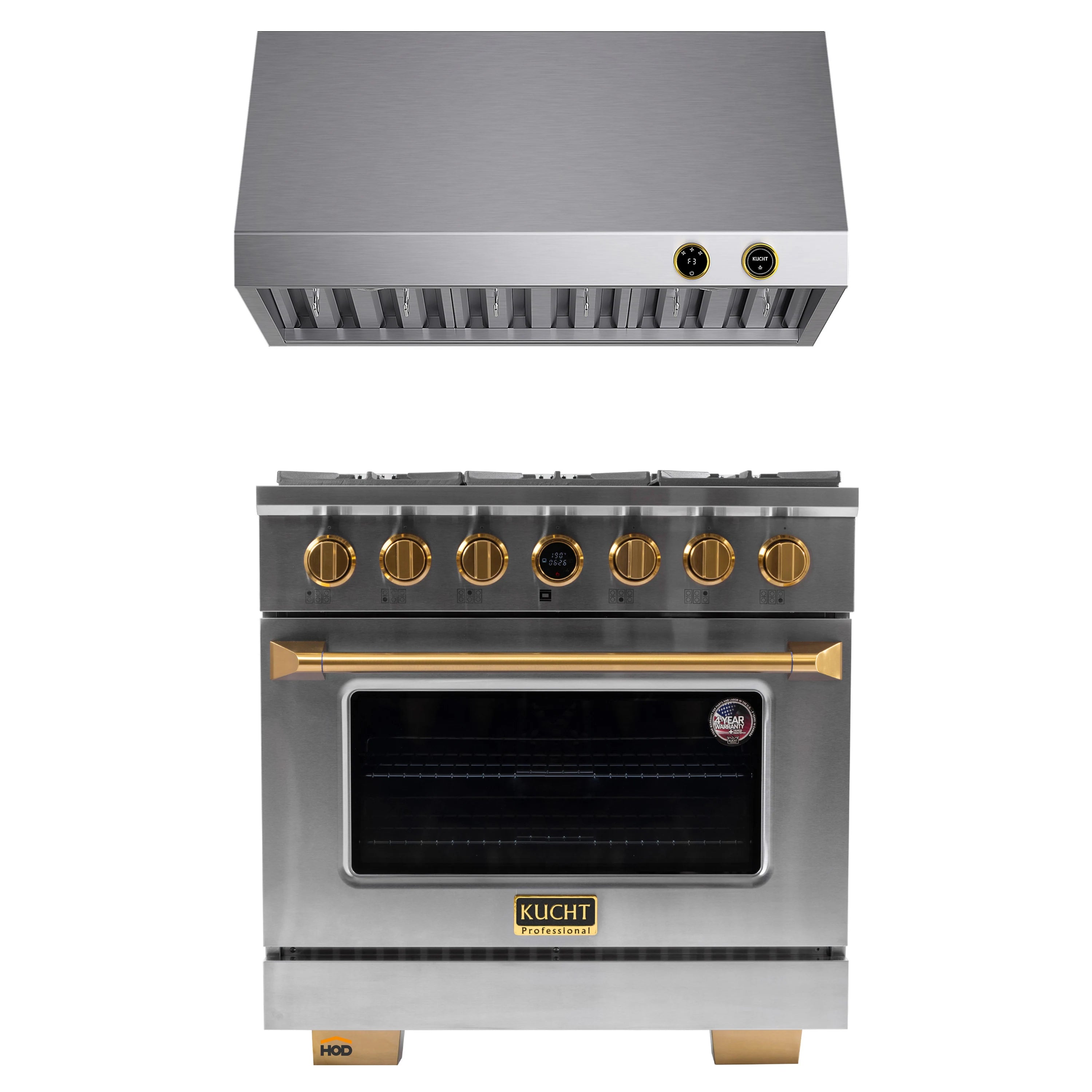 Stainless steel gas range with under-cabinet range hood and gold control knobs