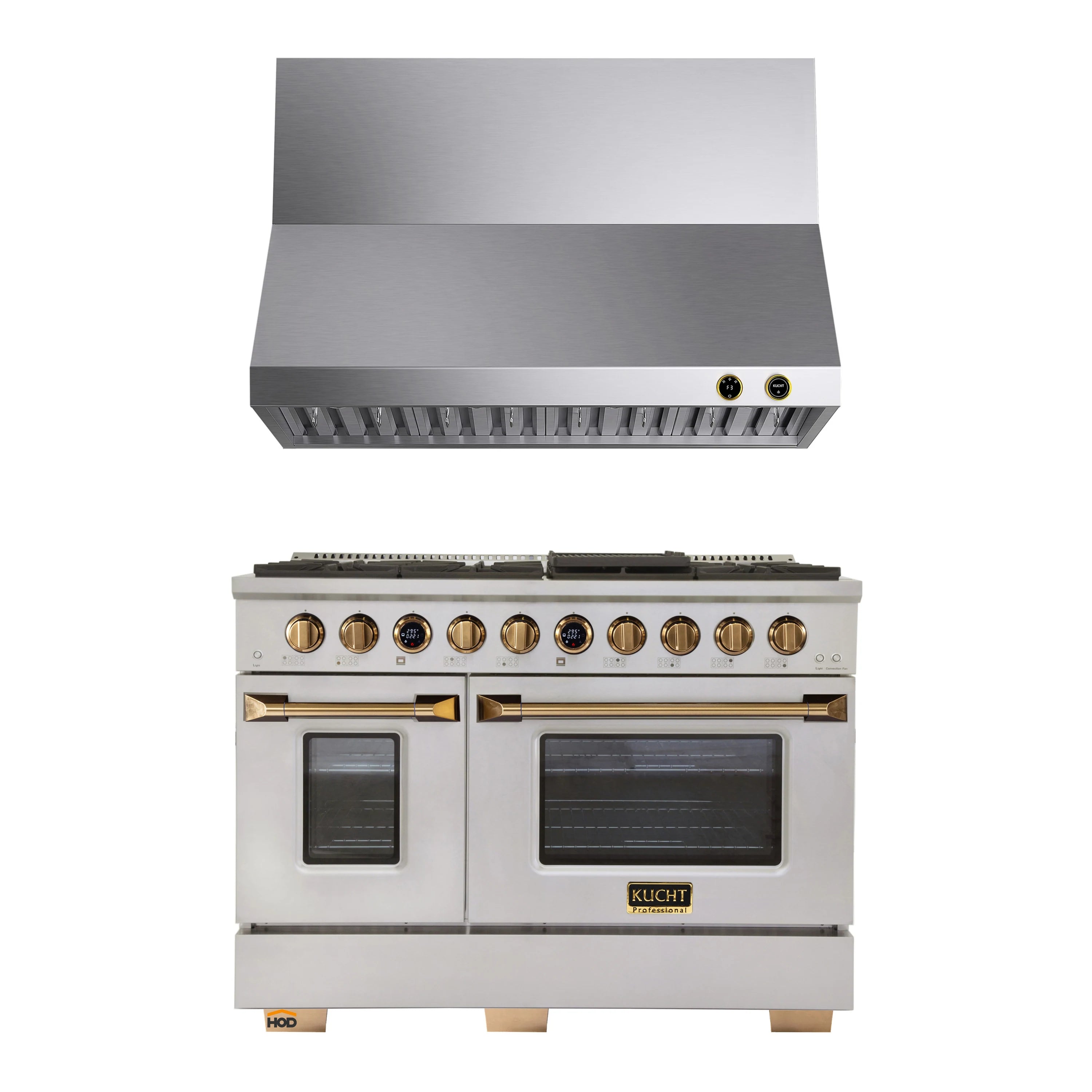 Stainless gas range with built-in oven and gold-accent hood