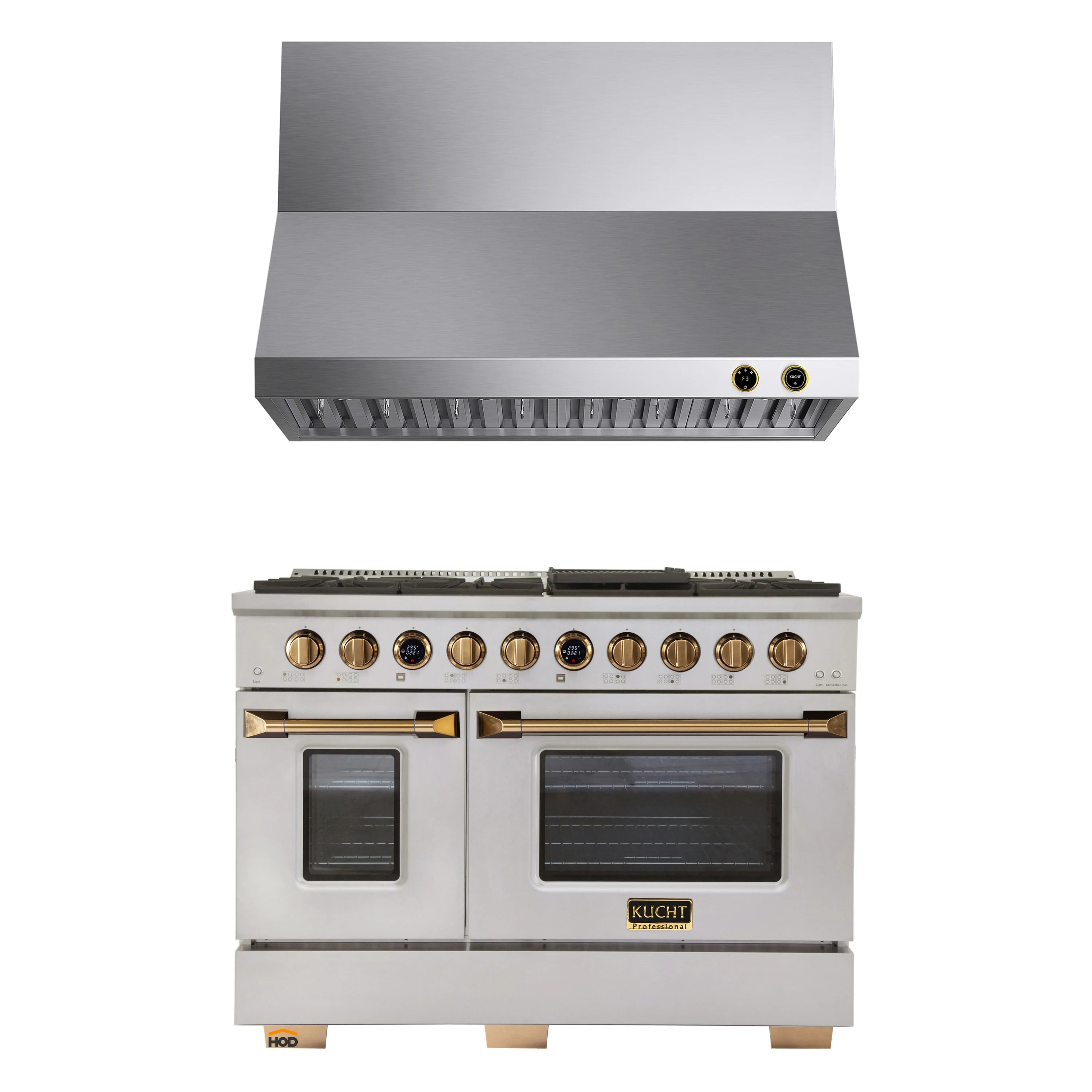 Stainless 48-inch gas range with hood, dual doors, and gold-accent control knobs