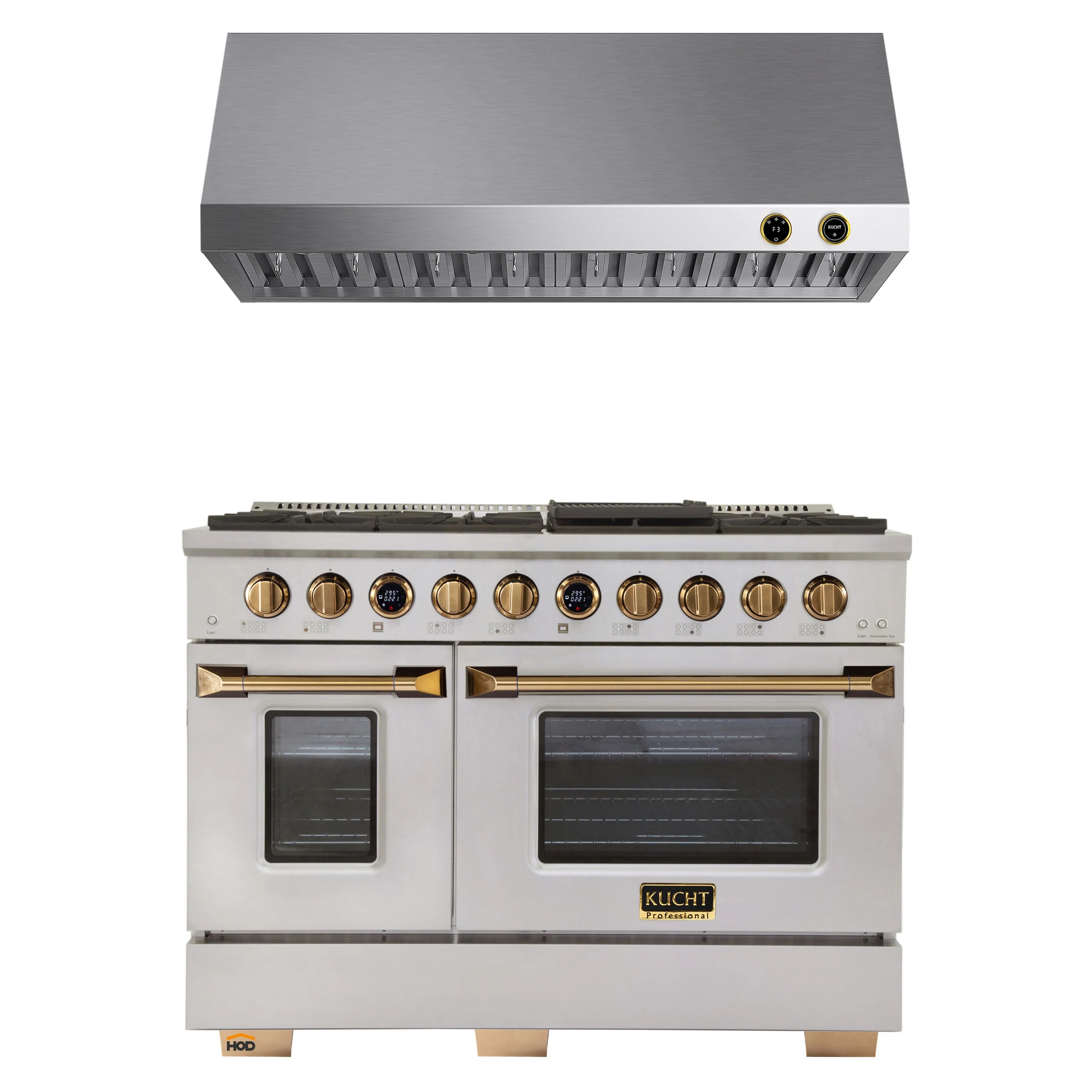Stainless steel propane range with gold control knobs and under-cabinet hood
