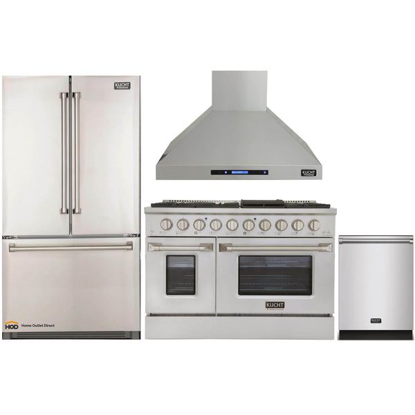 Kucht 4-Piece Appliance Package - 48-Inch Dual Fuel Range in Propane Gas with Refrigerator, Wall Mount Hood, & Dishwasher in Stainless Steel (APK4-KDF482/LP-S-10A)