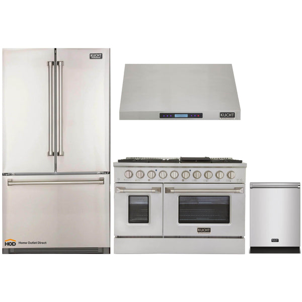 Kucht 4-Piece Appliance Package - 48-Inch Dual Fuel Range in Propane Gas with Refrigerator, Under Cabinet Hood, & Dishwasher in Stainless Steel (APK4-KDF482/LP-S-20A)