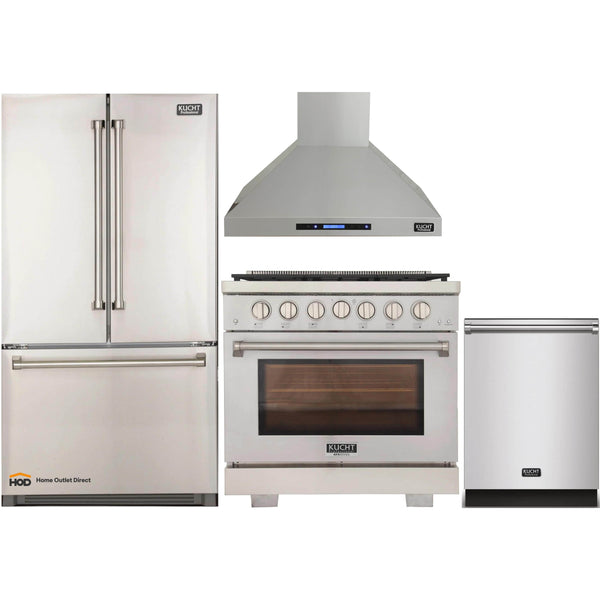 Kucht 4-Piece Appliance Package - 36-Inch Propane Gas Range, Refrigerator, Wall Mount Hood, & Dishwasher in Stainless Steel (APK4-KFX360/LP-S-10A)