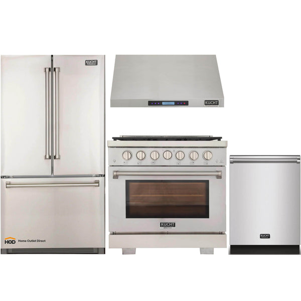 Kucht 4-Piece Appliance Package - 36-Inch Propane Gas Range, Refrigerator, Under Cabinet Hood, & Dishwasher in Stainless Steel (APK4-KFX360/LP-S-20A)
