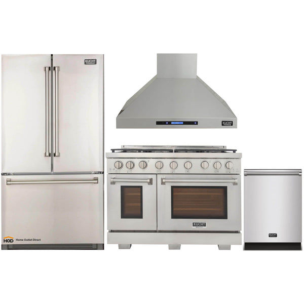 Kucht 4-Piece Appliance Package - 48-Inch Propane Gas Range, Refrigerator, Wall Mount Hood, & Dishwasher in Stainless Steel (APK4-KFX480/LP-S-10A)