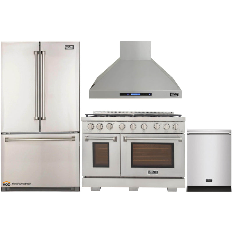 Kucht 4-Piece Appliance Package - 48-Inch Propane Gas Range, Refrigerator, Wall Mount Hood, & Dishwasher in Stainless Steel (APK4-KFX480/LP-S-10A)