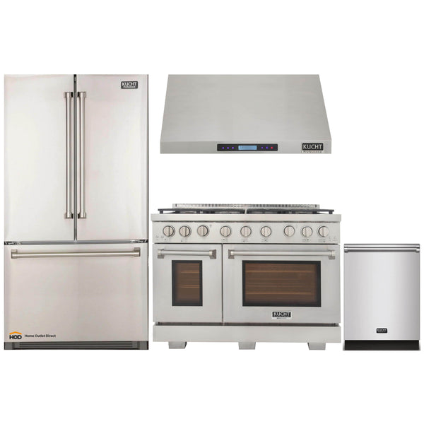 Kucht 4-Piece Appliance Package - 48-Inch Propane Gas Range, Refrigerator, Under Cabinet Hood, & Dishwasher in Stainless Steel (APK4-KFX480/LP-S-20A)