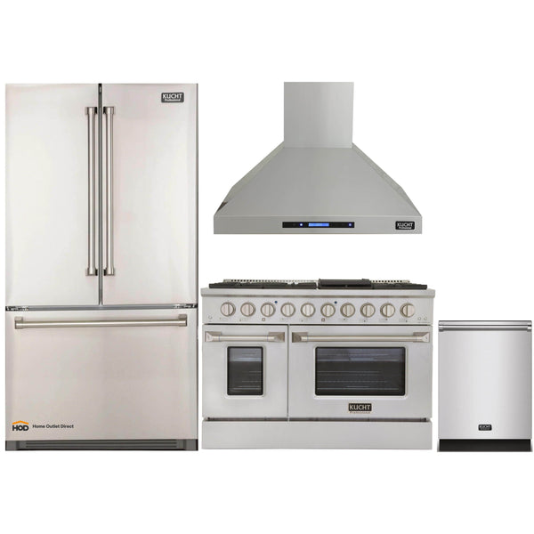 Kucht 4-Piece Appliance Package - 48-Inch Propane Gas Range, Refrigerator, Wall Mount Hood, & Dishwasher in Stainless Steel (APK4-KNG481/LP-S-10A)
