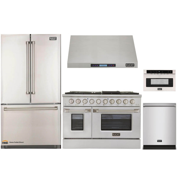 Kucht 5-Piece Appliance Package - 48-Inch Dual Fuel Range in Propane Gas with Refrigerator, Under Cabinet Hood, Dishwasher, & Microwave Drawer in Stainless Steel (APK5-KDF482/LP-S-20A-MWD)