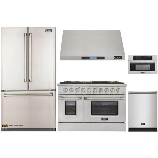 Kucht 5-Piece Appliance Package - 48-Inch Dual Fuel Range in Propane Gas with Refrigerator, Under Cabinet Hood, Dishwasher, & Microwave Oven in Stainless Steel (APK5-KDF482/LP-S-20A-MWO)