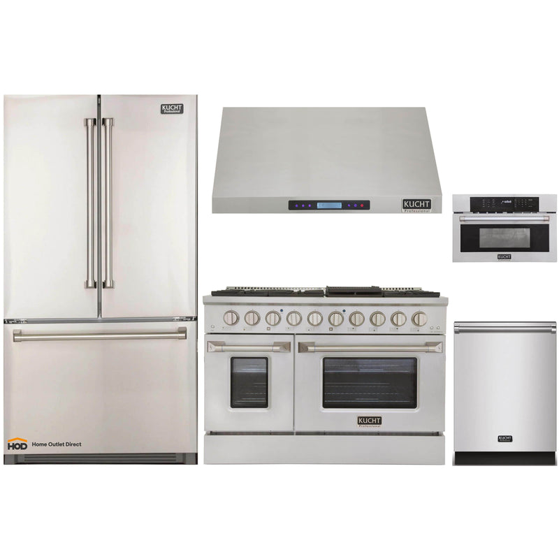 Kucht 5-Piece Appliance Package - 48-Inch Dual Fuel Range in Propane Gas with Refrigerator, Under Cabinet Hood, Dishwasher, & Microwave Oven in Stainless Steel (APK5-KDF482/LP-S-20A-MWO)