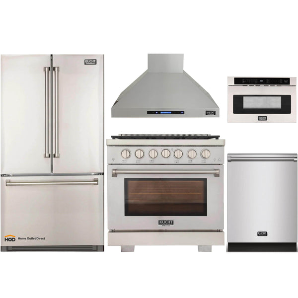 Kucht 5-Piece Appliance Package - 36-Inch Propane Gas Range, Refrigerator, Wall Mount Hood, Dishwasher, & Microwave Drawer in Stainless Steel (APK5-KFX360/LP-S-10A-MWD)