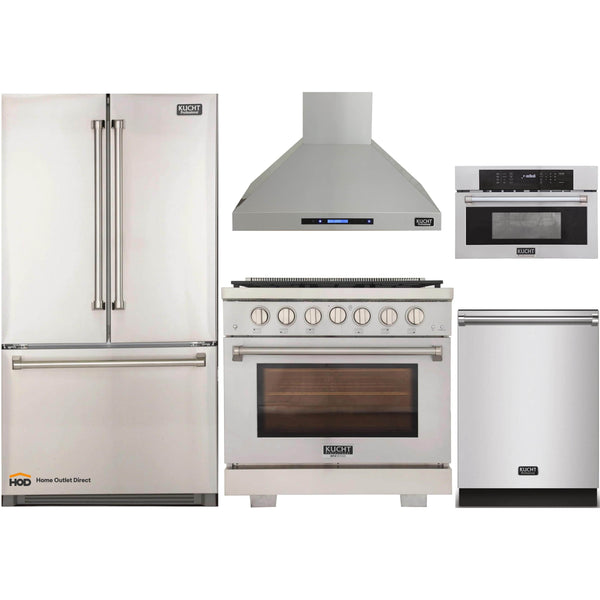 Kucht 5-Piece Appliance Package - 36-Inch Propane Gas Range, Refrigerator, Wall Mount Hood, Dishwasher, & Microwave Oven in Stainless Steel (APK5-KFX360/LP-S-10A-MWO)