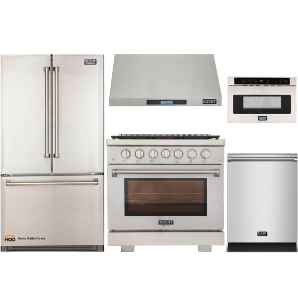 Kucht 5-Piece Appliance Package - 36-Inch Propane Gas Range, Refrigerator, Under Cabinet Hood, Dishwasher, & Microwave Drawer in Stainless Steel (APK5-KFX360/LP-S-20A-MWD)