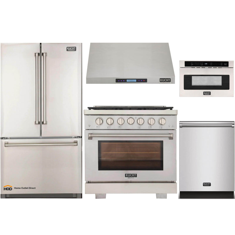 Kucht 5-Piece Appliance Package - 36-Inch Propane Gas Range, Refrigerator, Under Cabinet Hood, Dishwasher, & Microwave Drawer in Stainless Steel (APK5-KFX360/LP-S-20A-MWD)