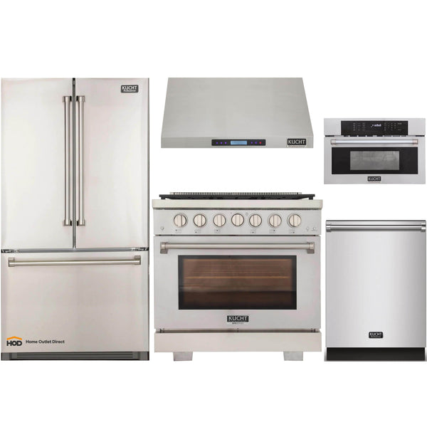 Kucht 5-Piece Appliance Package - 36-Inch Propane Gas Range, Refrigerator, Under Cabinet Hood, Dishwasher, & Microwave Oven in Stainless Steel (APK5-KFX360/LP-S-20A-MWO)
