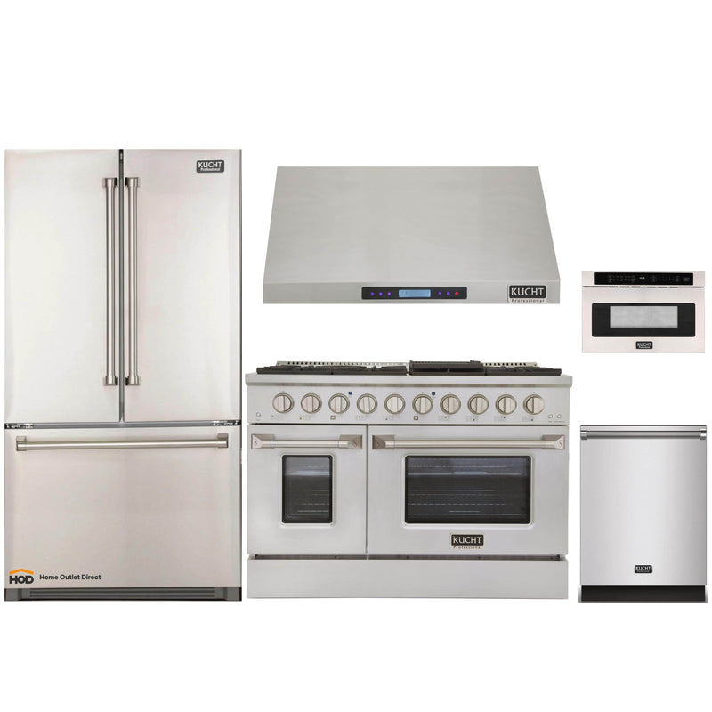 Kucht 5-Piece Appliance Package - 48-Inch Propane Gas Range, Refrigerator, Under Cabinet Hood, Dishwasher, & Microwave Drawer in Stainless Steel (APK5-KNG481/LP-S-20A-MWD)