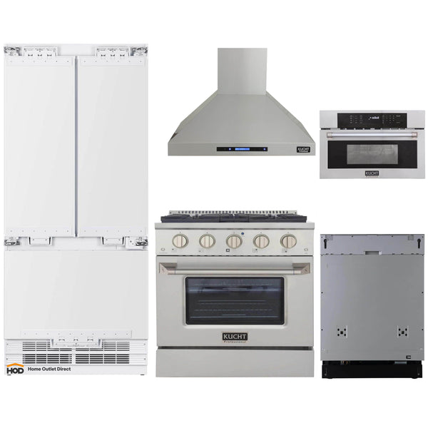 Kucht 5-Piece Appliance Package - 30-Inch Dual Fuel Range in Propane Gas with 36-Inch Panel Ready Refrigerator, Wall Mount Hood, Panel Ready Dishwasher, & Microwave Oven in Stainless Steel (APKPR5-KDF302/LP-S-10A-MWO)