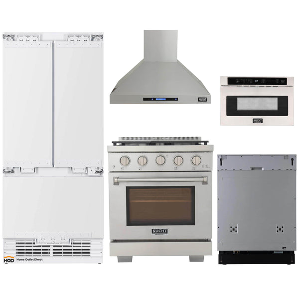 Kucht 5-Piece Appliance Package - 30-Inch Propane Gas Range, 36-Inch Panel Ready Refrigerator, Wall Mount Hood, Panel Ready Dishwasher, & Microwave Drawer (APKPR5-KFX300/LP-S-10A-MWD)