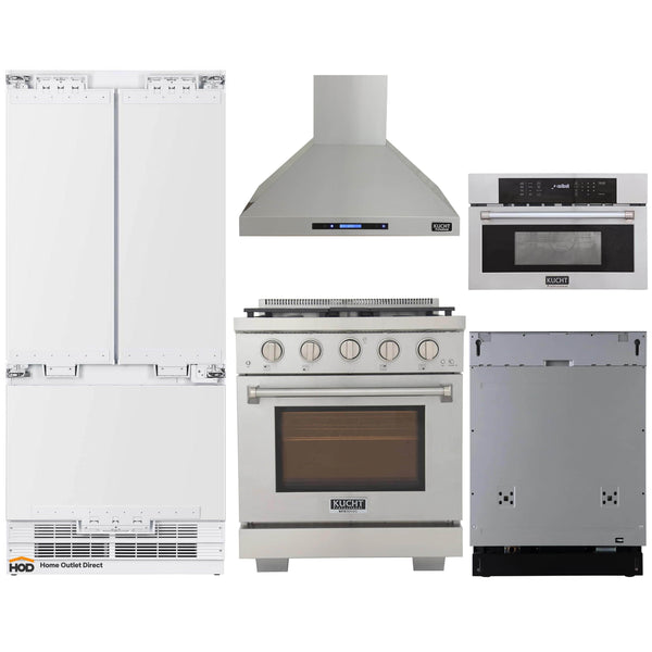 Kucht 5-Piece Appliance Package - 30-Inch Propane Gas Range, 36-Inch Panel Ready Refrigerator, Wall Mount Hood, Panel Ready Dishwasher, & Microwave Oven (APKPR5-KFX300/LP-S-10A-MWO)