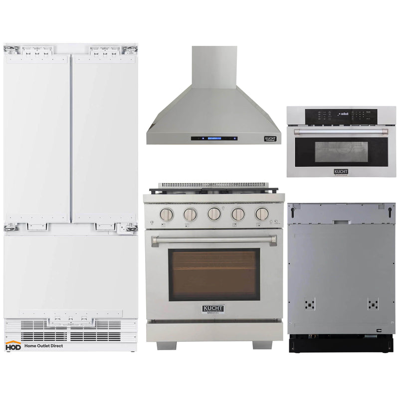 Kucht 5-Piece Appliance Package - 30-Inch Propane Gas Range, 36-Inch Panel Ready Refrigerator, Wall Mount Hood, Panel Ready Dishwasher, & Microwave Oven (APKPR5-KFX300/LP-S-10A-MWO)