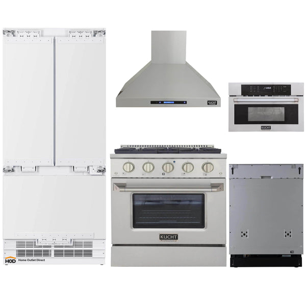 Kucht 5-Piece Appliance Package - 30-Inch Propane Gas Range, 36-Inch Panel Ready Refrigerator, Wall Mount Hood, Panel Ready Dishwasher, & Microwave Oven (APKPR5-KNG301/LP-S-10A-MWO)