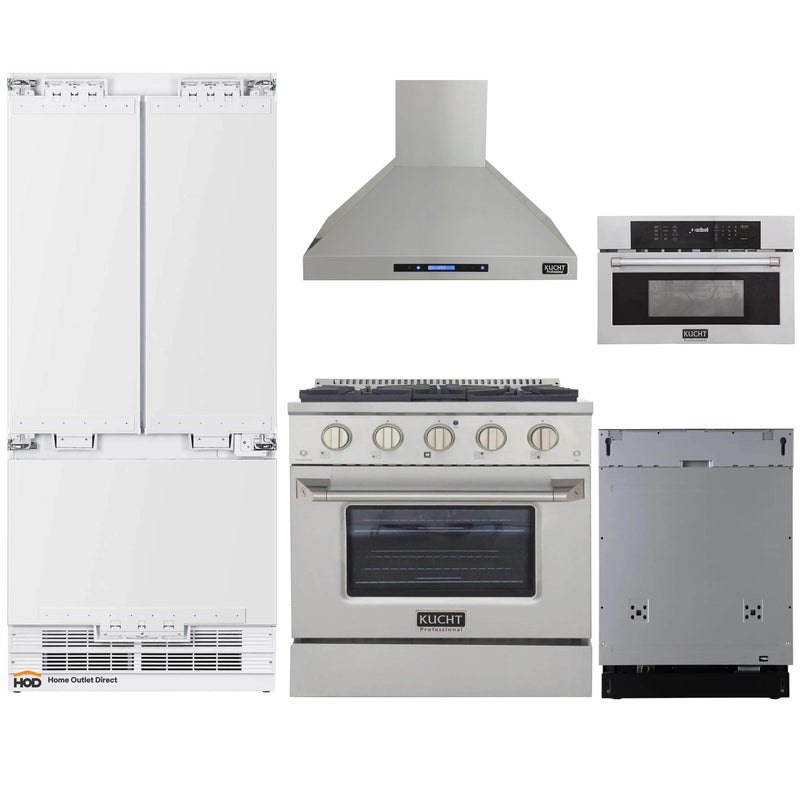 Kucht 5-Piece Appliance Package - 30-Inch Propane Gas Range, 36-Inch Panel Ready Refrigerator, Wall Mount Hood, Panel Ready Dishwasher, & Microwave Oven (APKPR5-KNG301/LP-S-10A-MWO)