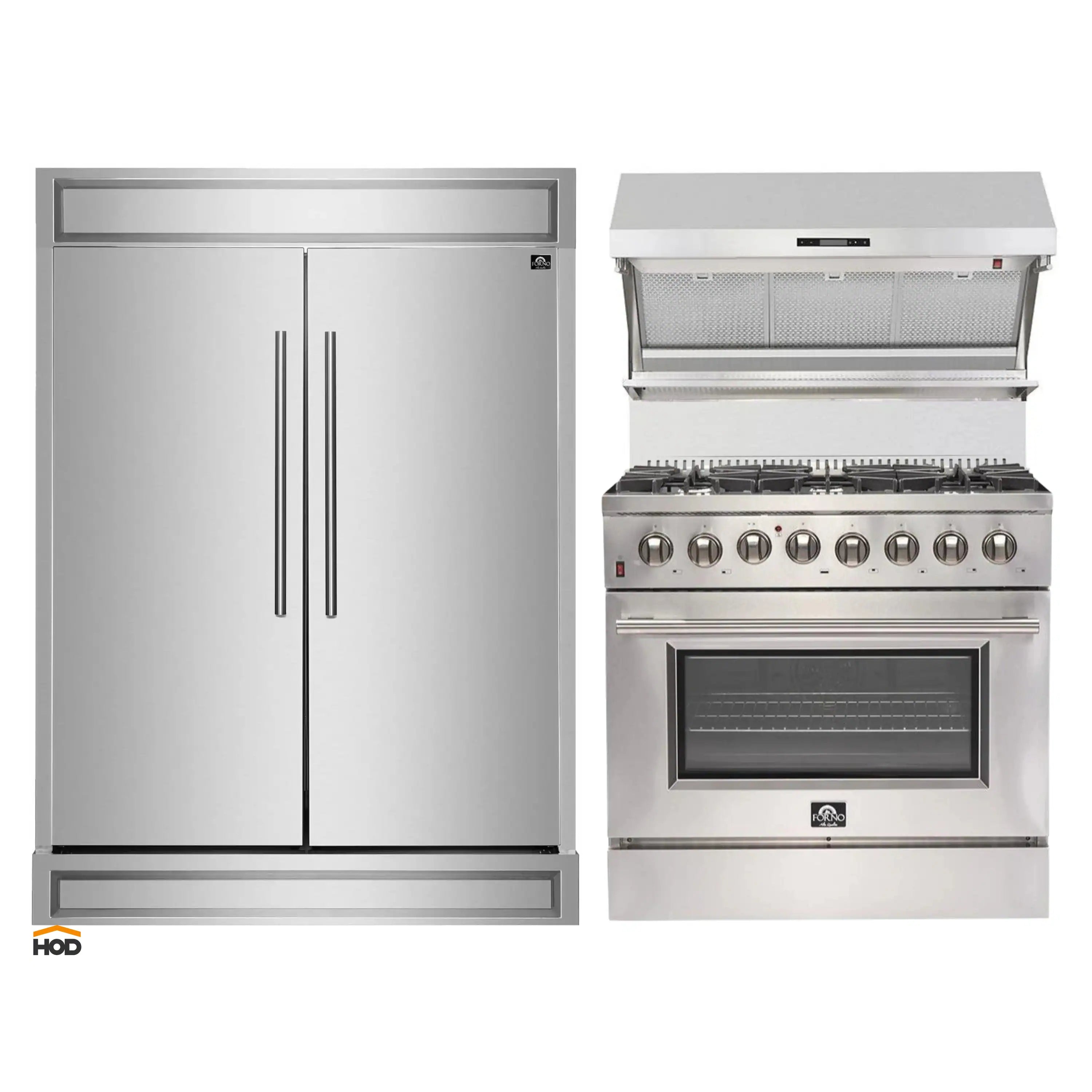 Stainless steel refrigerator and dual fuel range with oven door and cooktop knobs