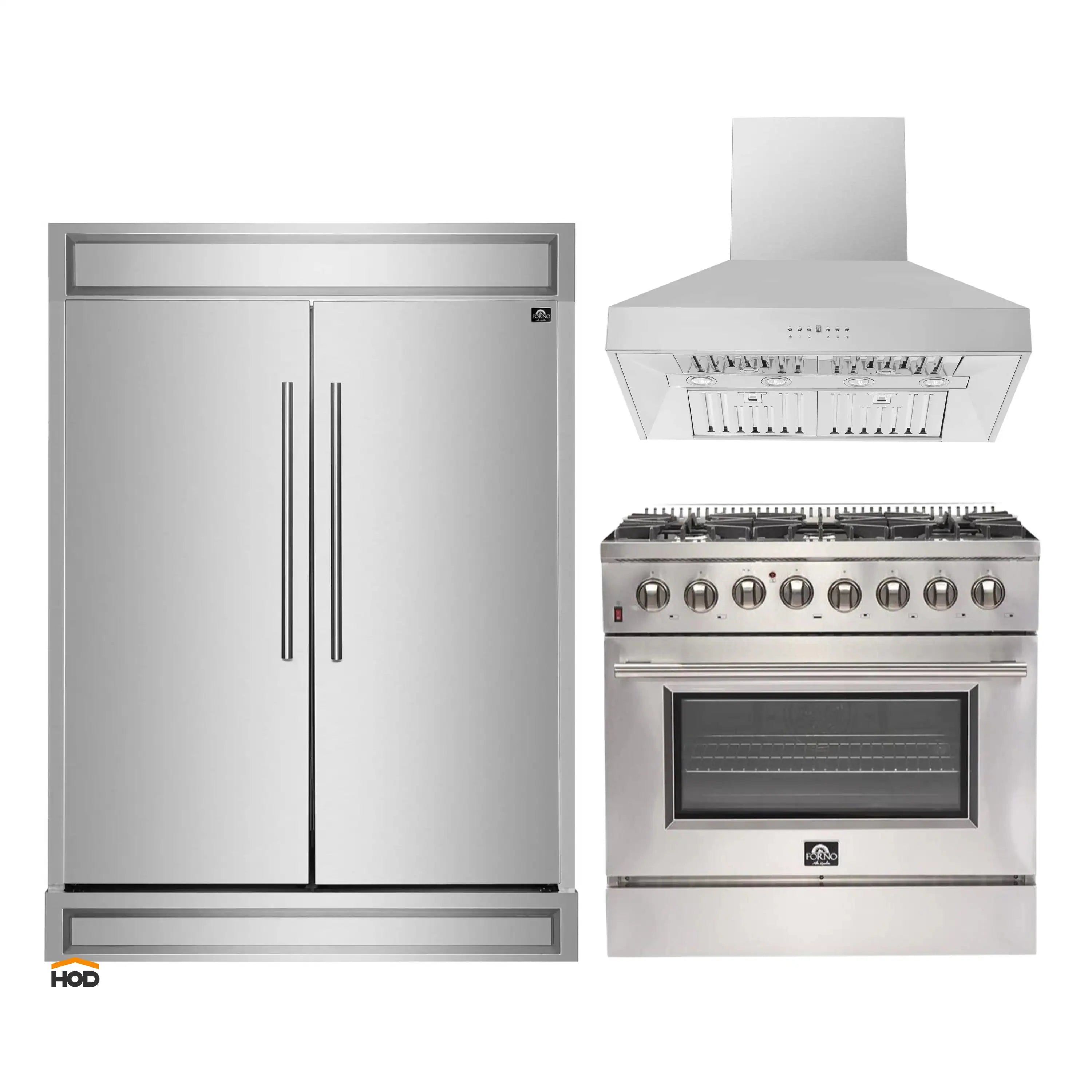 Stainless refrigerator with wall hood and dual-fuel range, front view