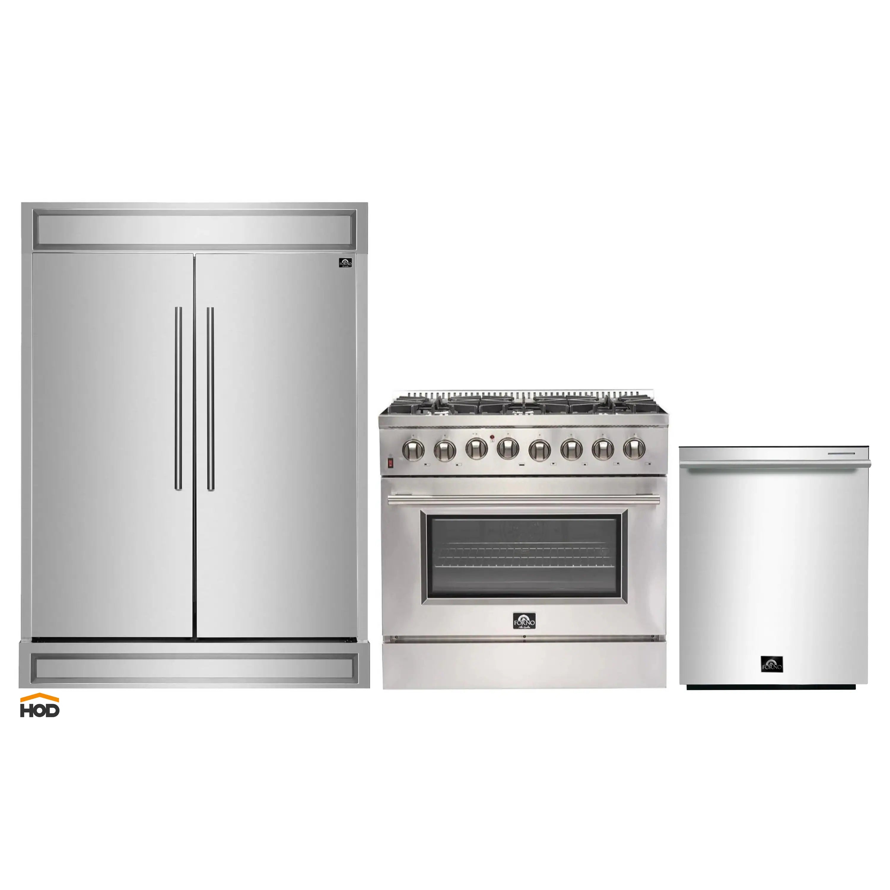 Stainless steel 3-piece appliance set with Forno refrigerator, range, and dishwasher