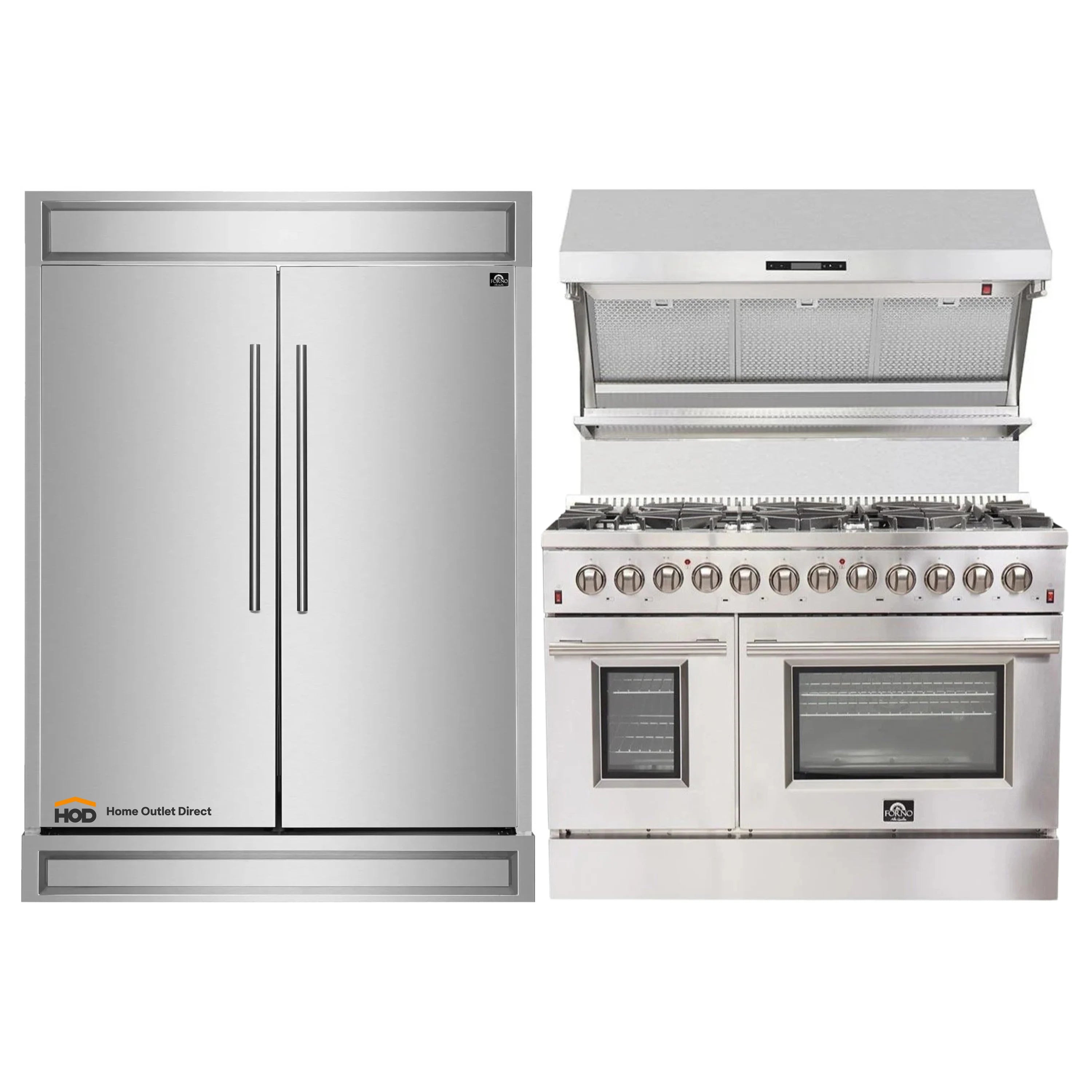 Stainless refrigerator, gas range, and wall hood appliance set