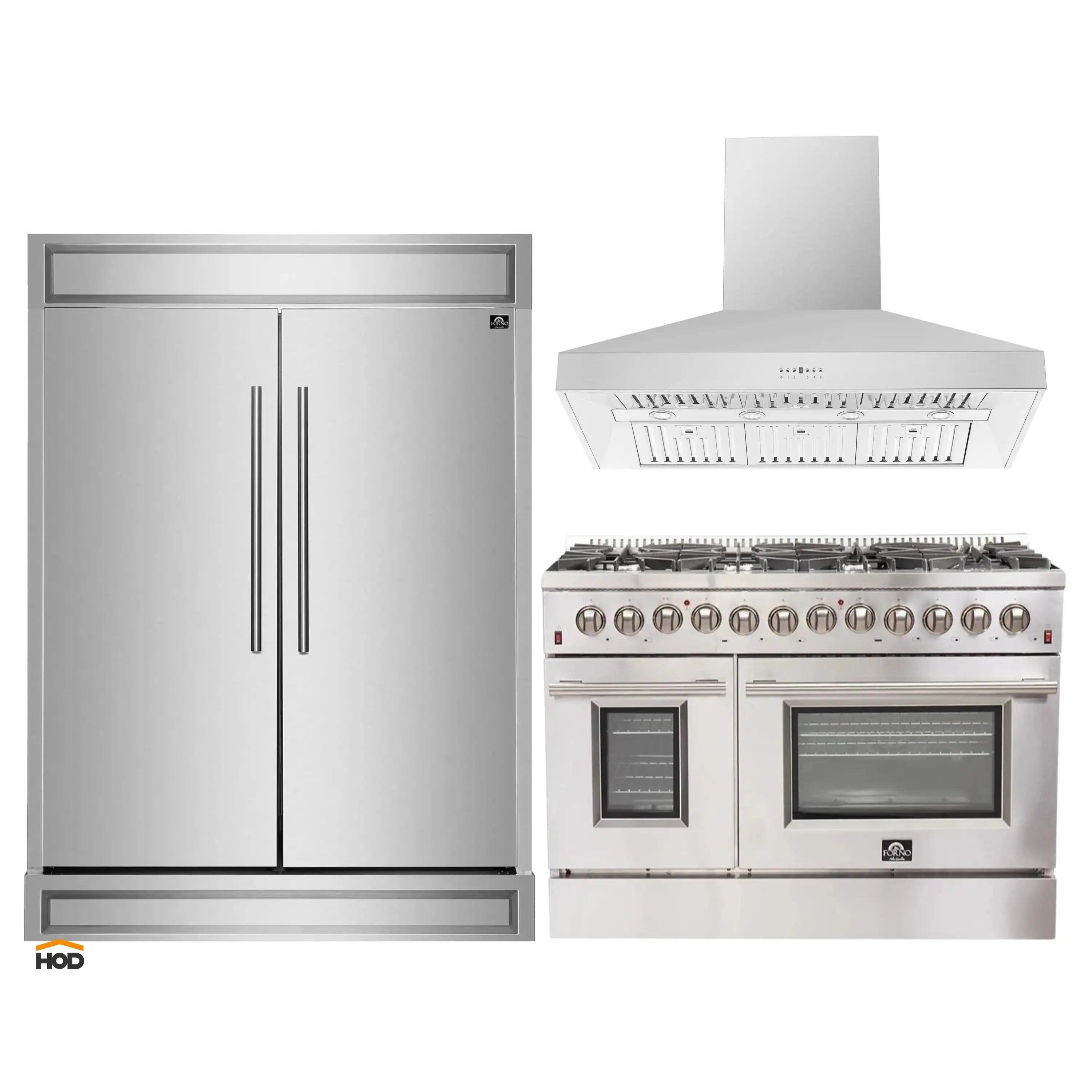 Stainless steel refrigerator, wall-mount hood, and dual fuel range set