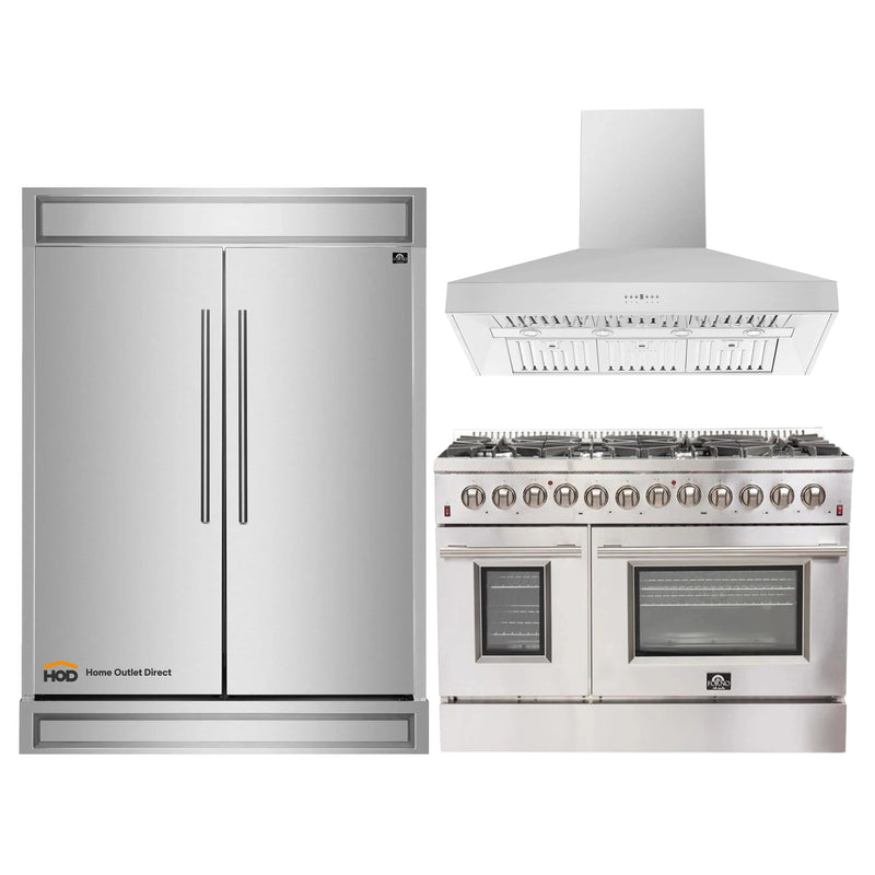 Forno 3-Piece Appliance Package - 48-Inch Dual Fuel Range, Refrigerator, & Wall Mount Hood in Stainless Steel