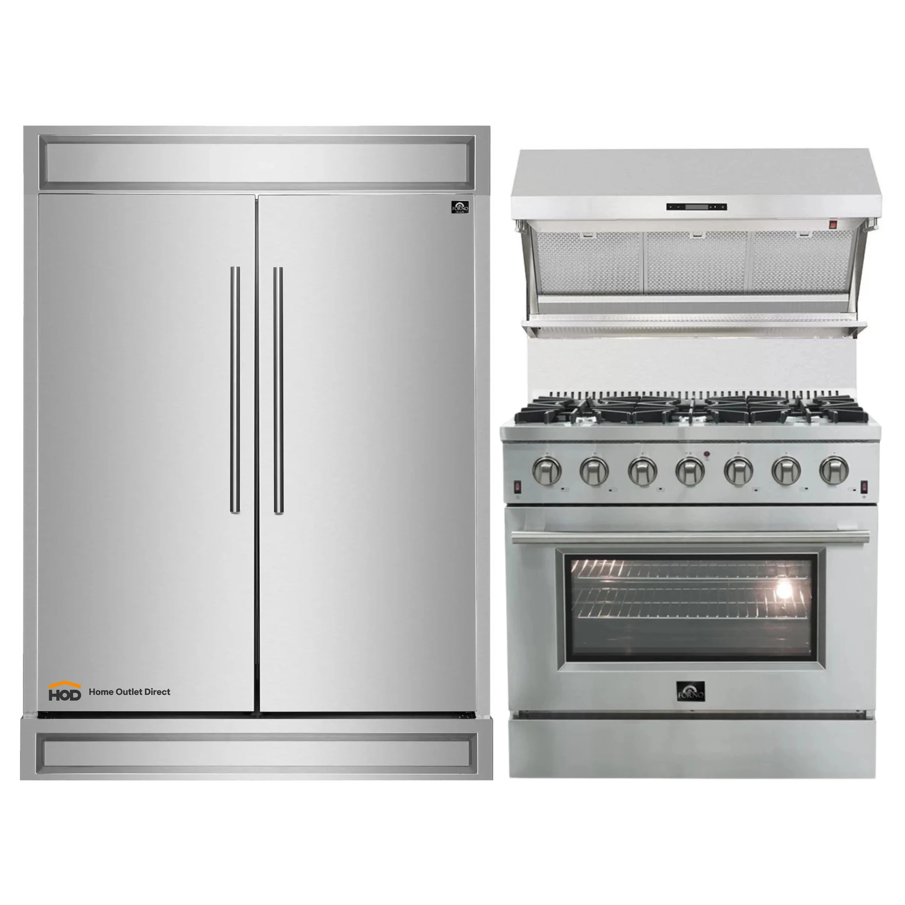 Stainless steel refrigerator and gas range set with hood above the cooktop