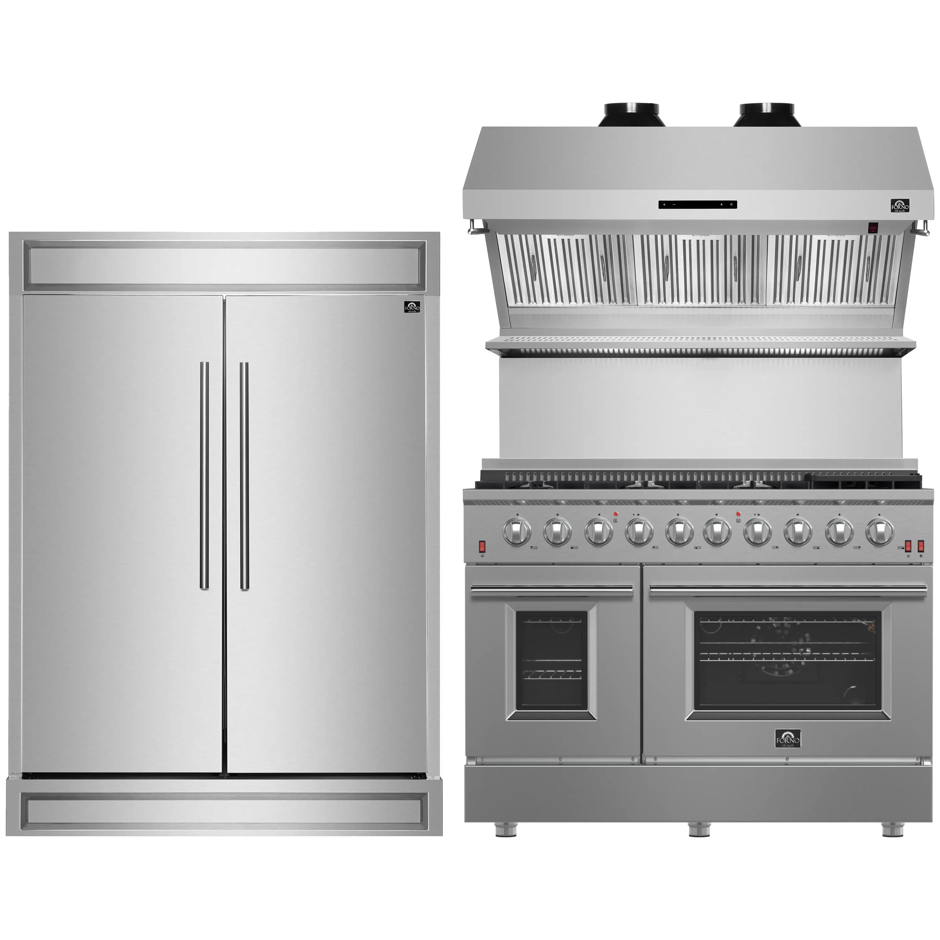 Stainless steel refrigerator next to stainless steel gas range with wall-mounted hood