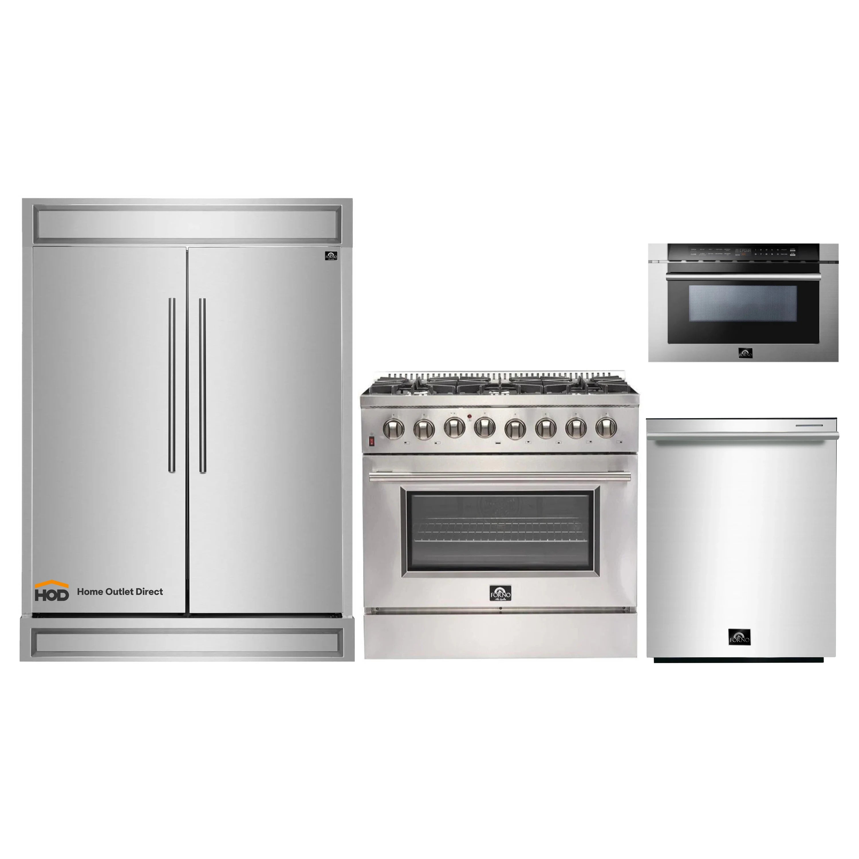 Stainless steel refrigerator, range oven, and dishwasher with microwave drawer