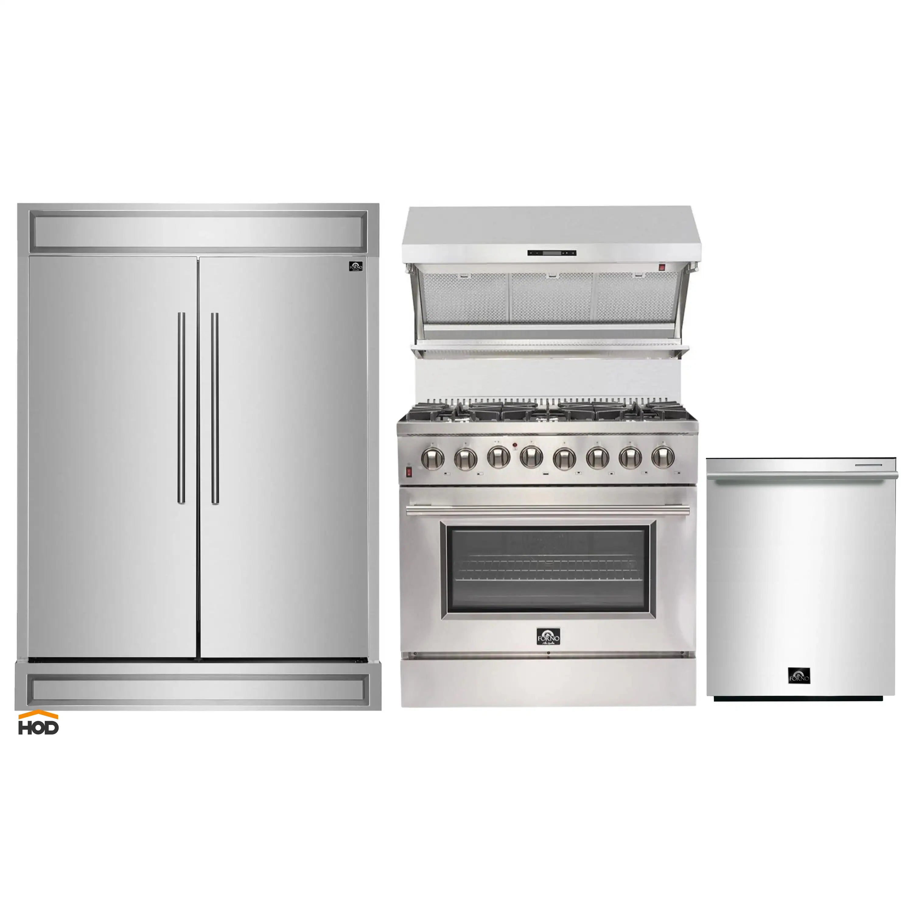 Stainless steel appliance bundle: refrigerator, dual fuel range, wall hood, dishwasher