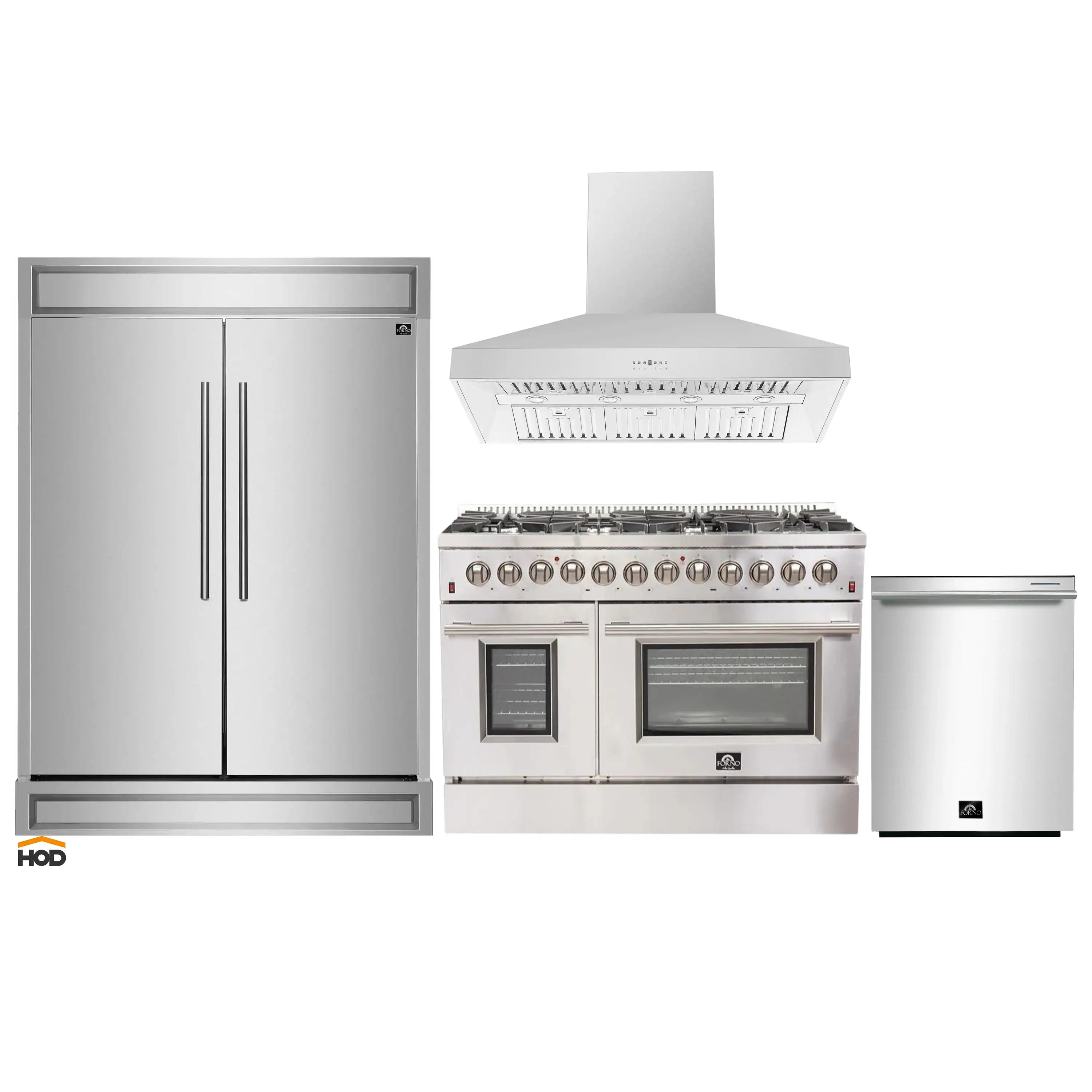 Stainless steel appliance set: refrigerator, dual-fuel range, wall hood and dishwasher