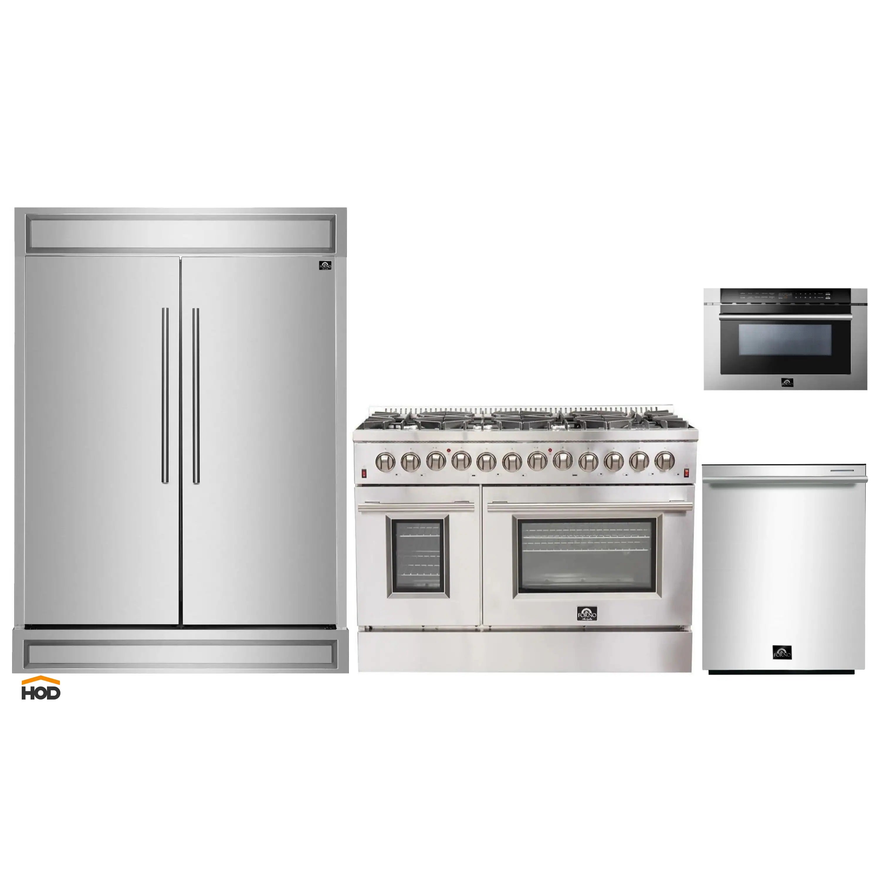 Stainless steel 4-piece kitchen appliance package with refrigerator, range, dishwasher, microwave