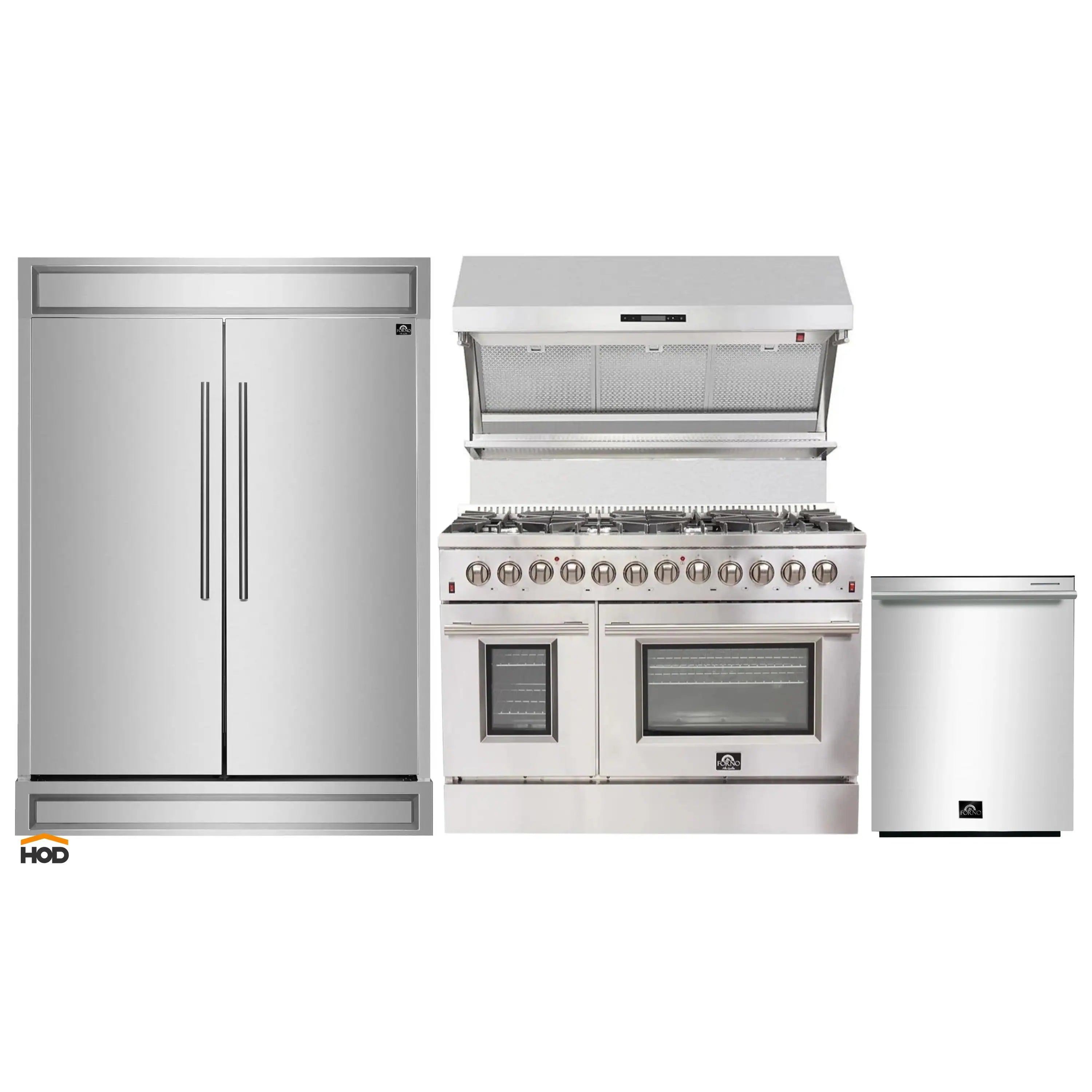 Stainless steel appliance package: refrigerator, dual fuel range, and compact unit