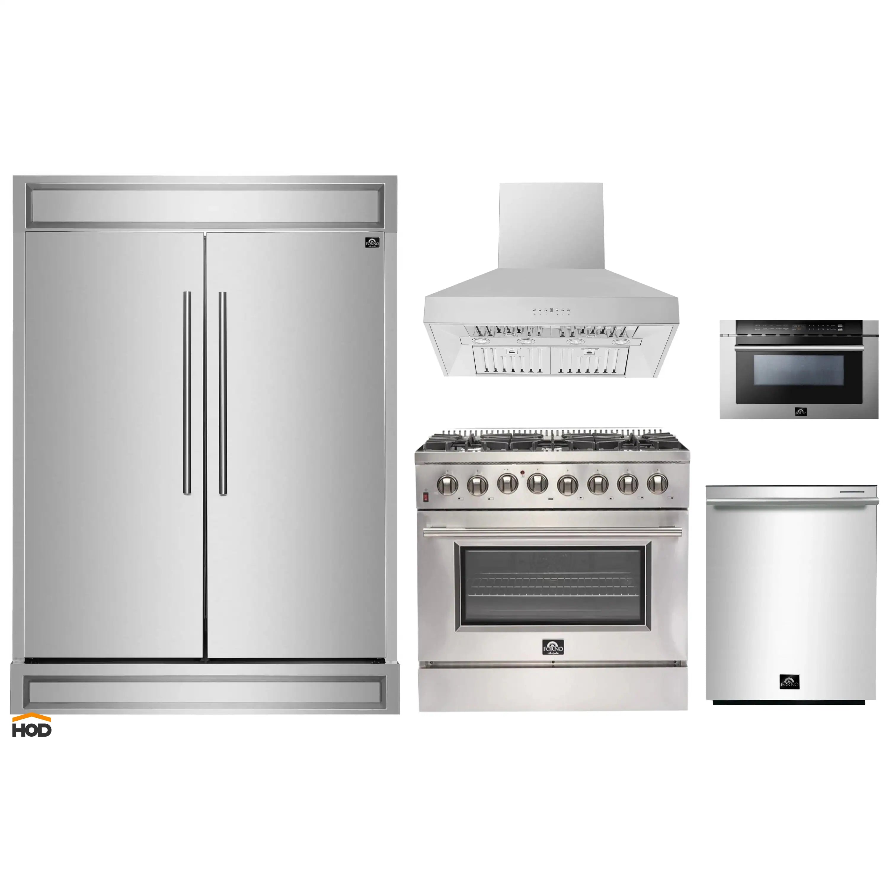 Stainless steel appliance package showing refrigerator, range, microwave, and hood