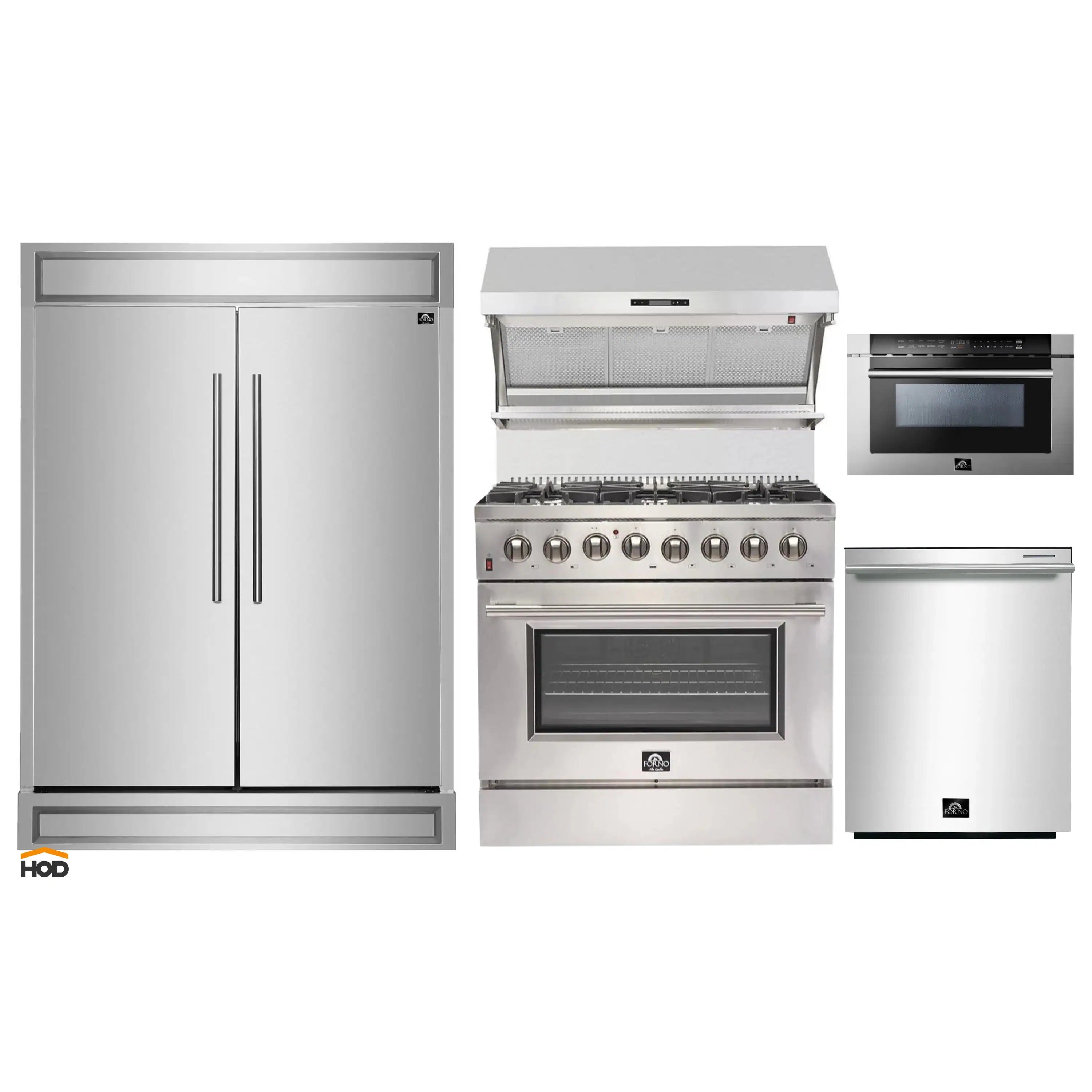 Stainless steel appliance package: range, refrigerator, hood, microwave drawer, dishwasher