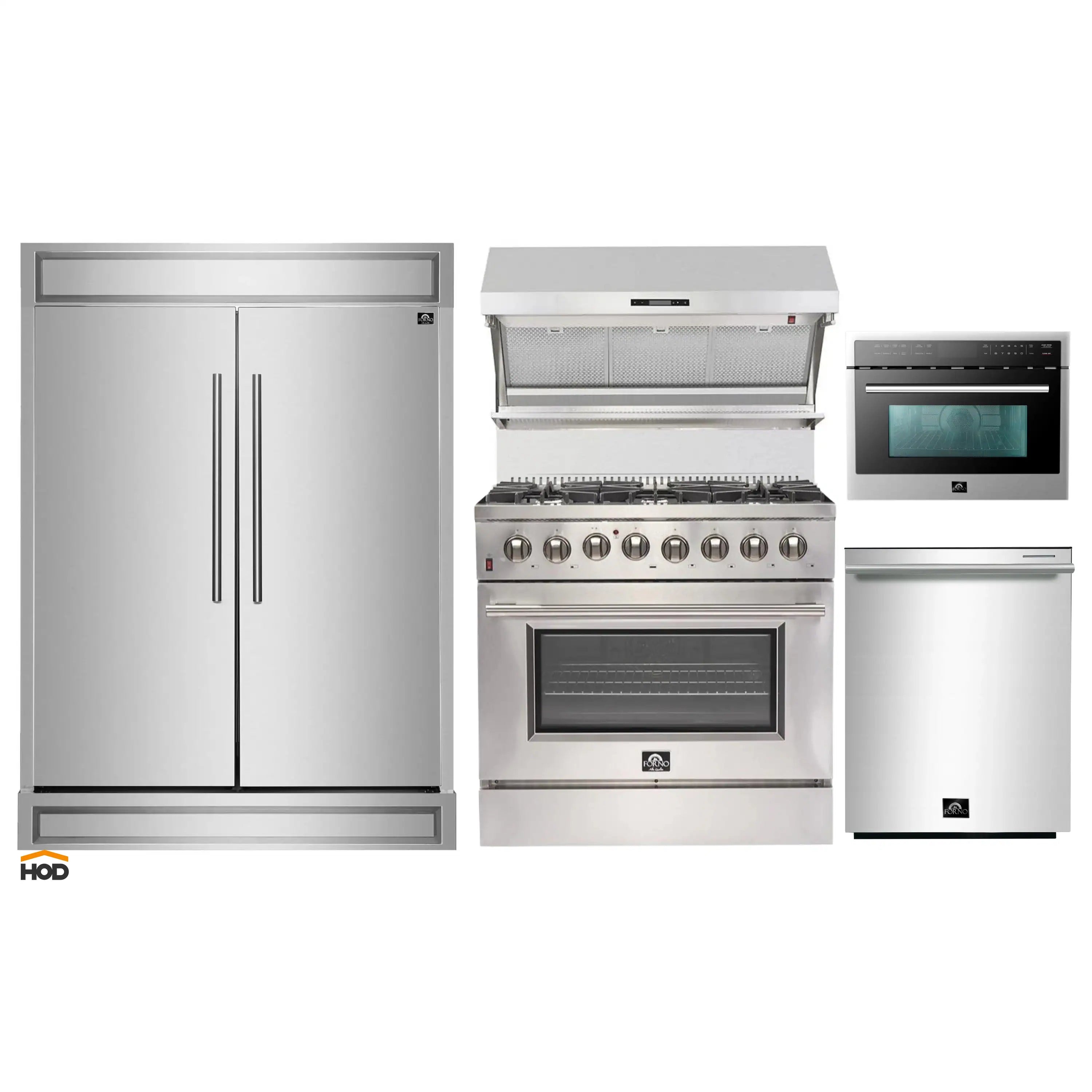 Kitchen appliance set showing refrigerator, dual fuel range, hood, oven, microwave