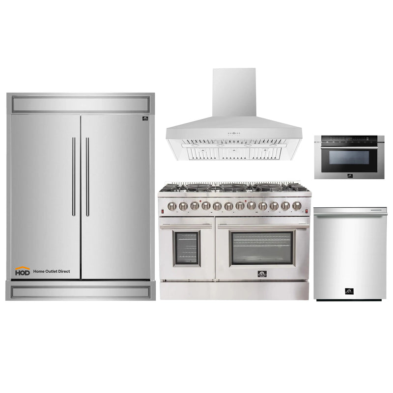 Forno 5-Piece Appliance Package - 48-Inch Dual Fuel Range, 60-Inch Refrigerator, Wall Mount Hood, 24-Inch Microwave Drawer, & Dishwasher in Stainless Steel