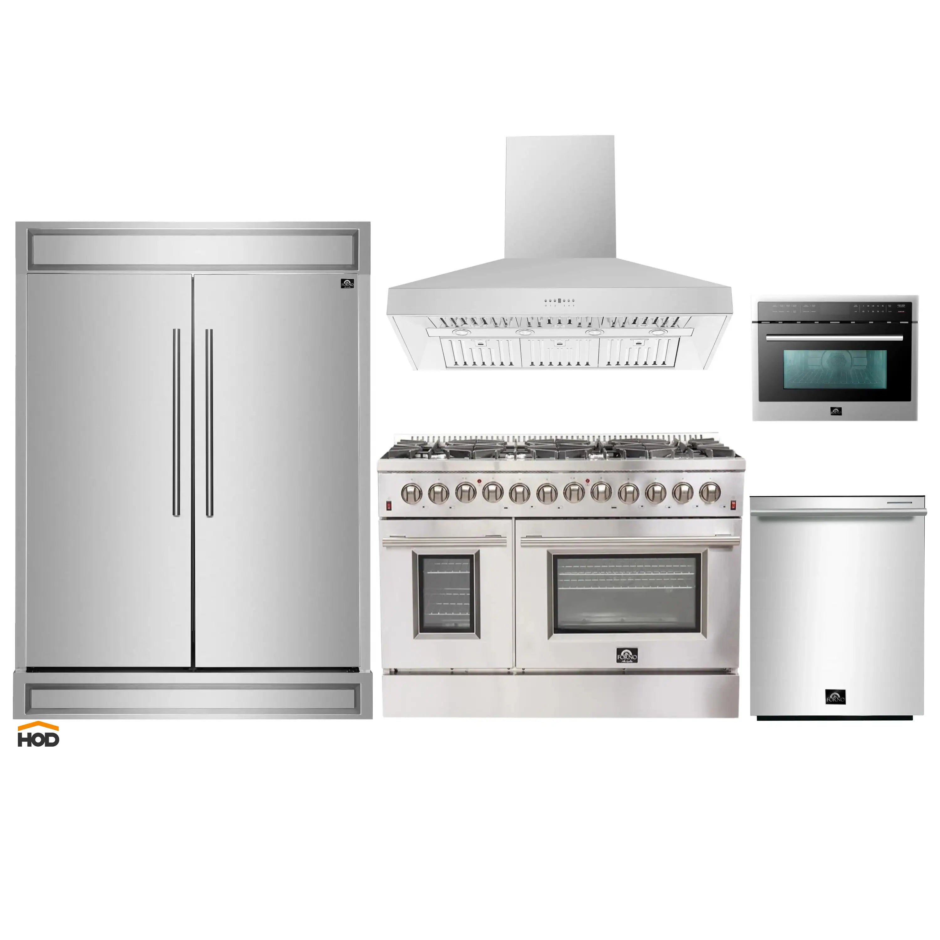 Stainless steel appliance package: fridge, range, hood, microwave, and dishwasher