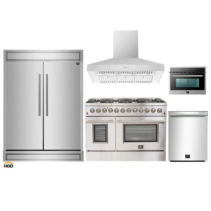 Forno 5-Piece Appliance Package - 48-Inch Dual Fuel Range, 60-Inch Refrigerator, Wall Mount Hood, 24-Inch Microwave Oven, & Dishwasher in Stainless Steel