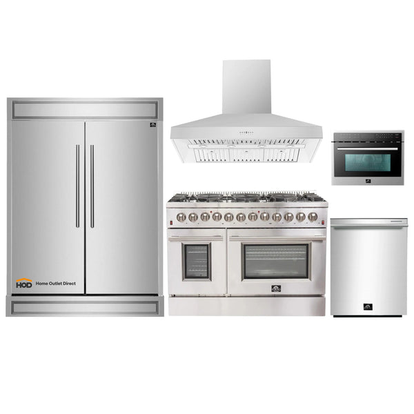 Forno 5-Piece Appliance Package - 48-Inch Dual Fuel Range, 60-Inch Refrigerator, Wall Mount Hood, 24-Inch Microwave Oven, & Dishwasher in Stainless Steel