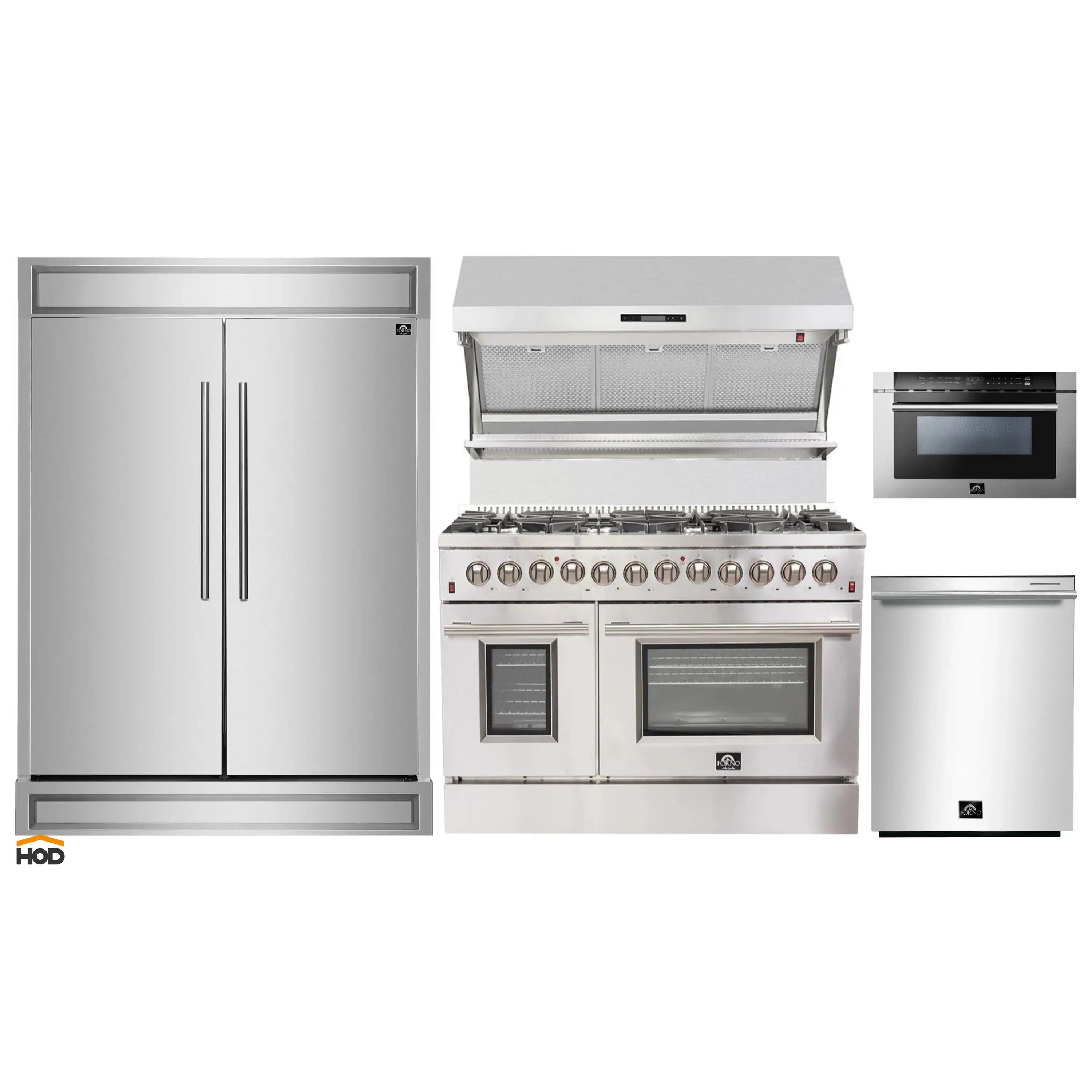 Stainless steel appliance package showing refrigerator, range, and microwave components.